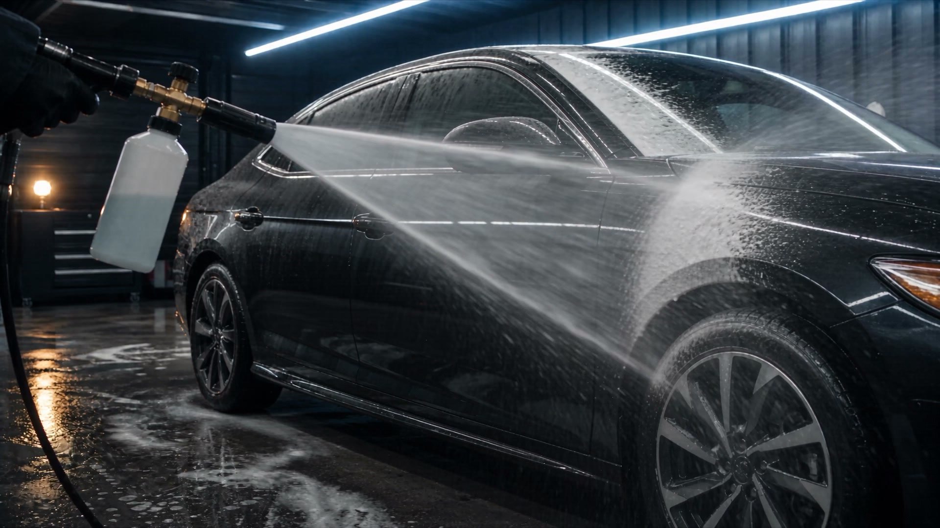 A black sedan in the wash bay, thick white snow foam sliding down its door, a foam cannon spraying from the left under blue LED strips