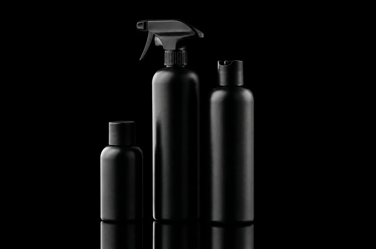 Three unlabeled black bottles on a black surface, lit from the side