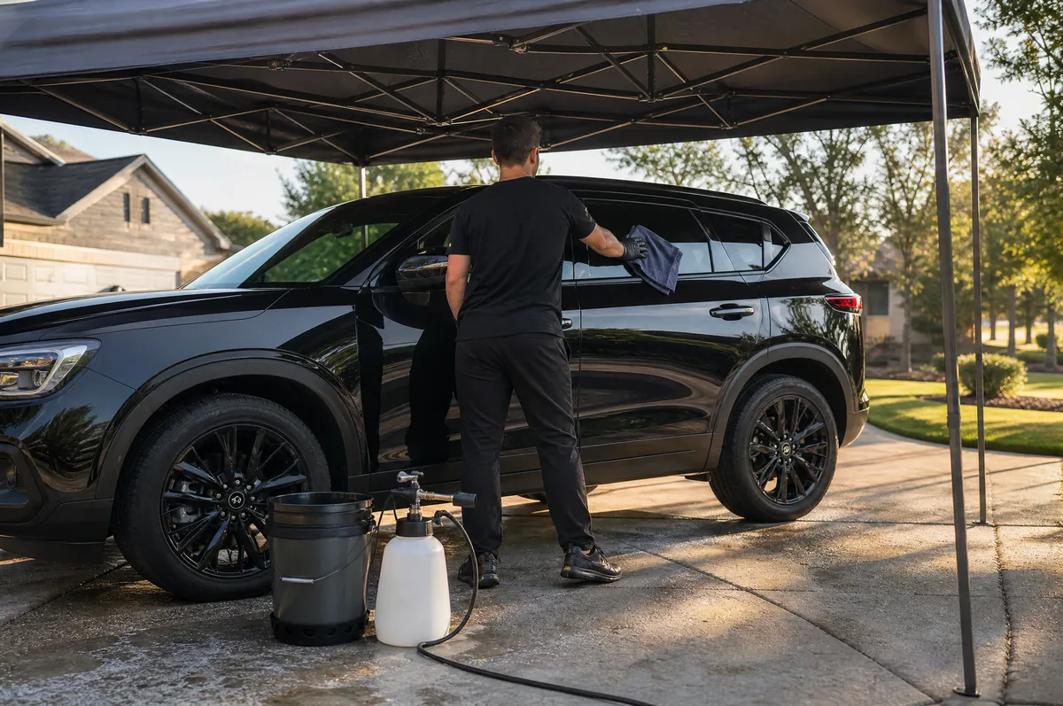 A detailer in black wiping down a black SUV under a pop-up canopy on a suburban driveway