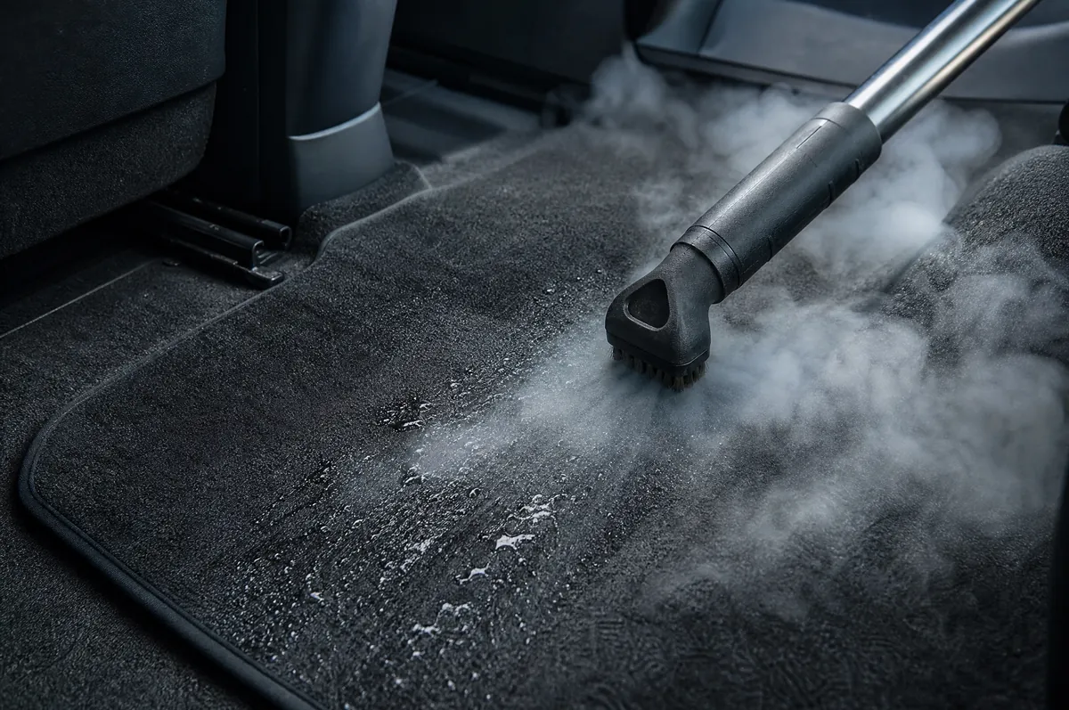 A steam wand lifting grime out of a black floor mat, steam rising