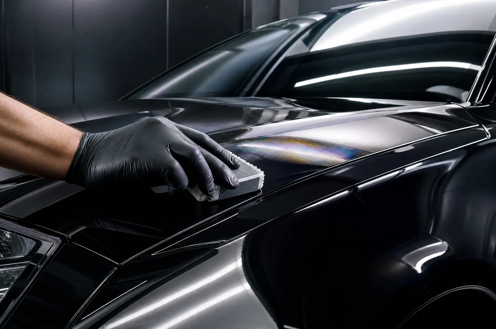 A gloved hand applying ceramic coating to a black hood with a small applicator block, the coating flashing under the bay lights