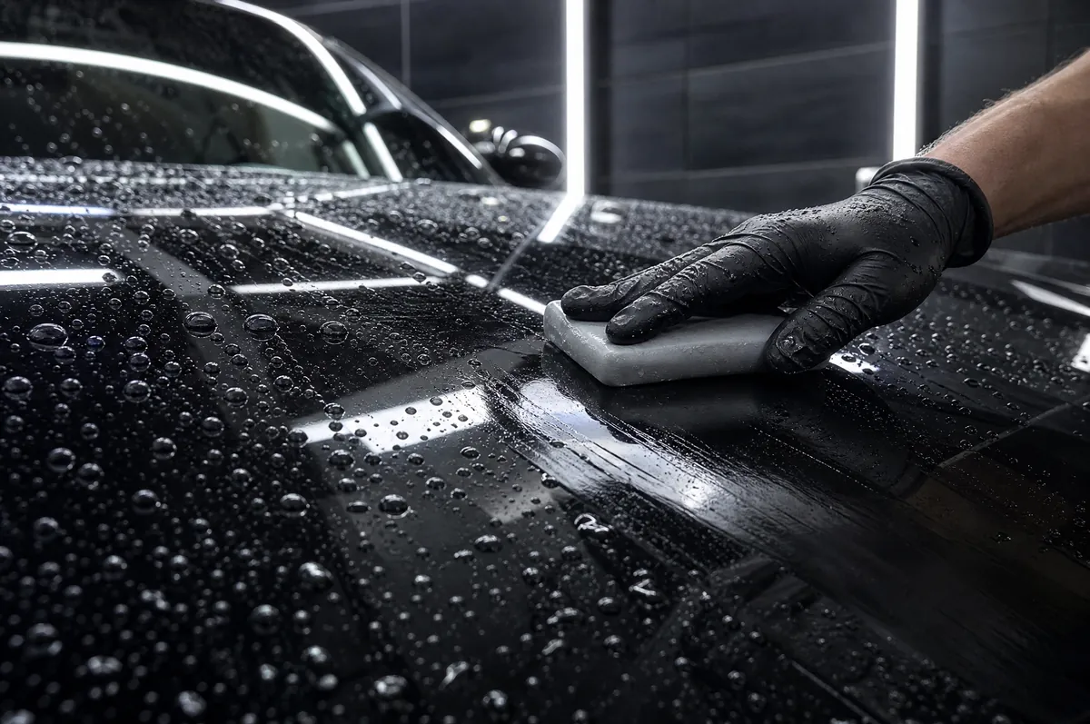 A gloved hand sliding a clay pad across a wet black hood