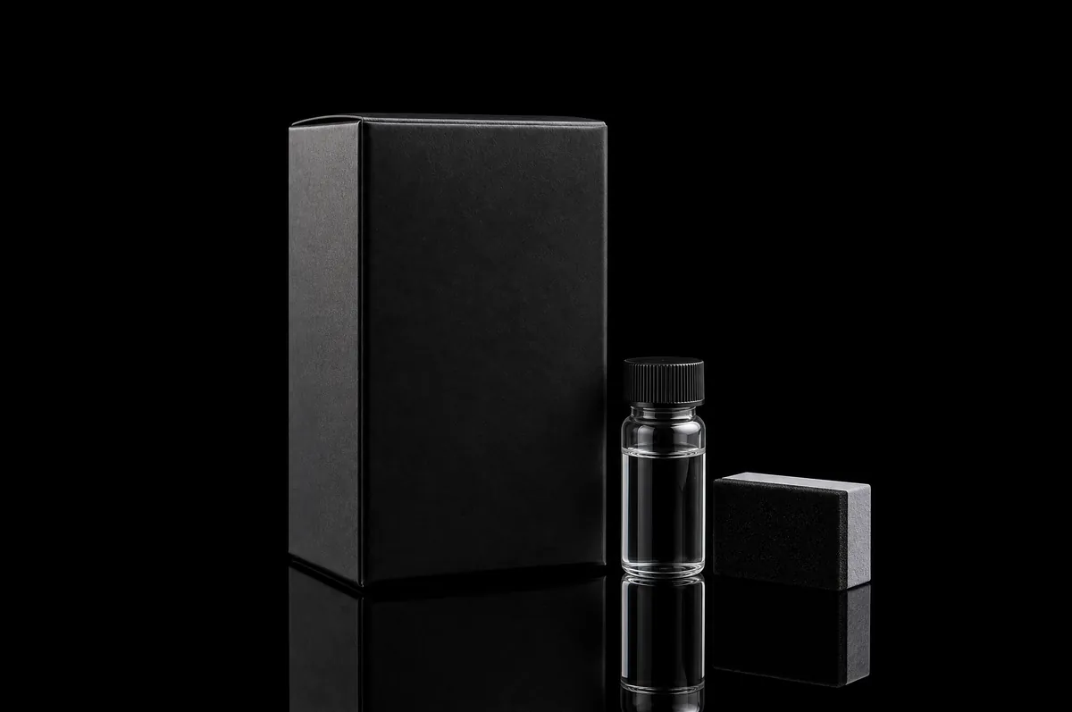 A black ceramic coating box beside its glass vial and a gray applicator block on a dark surface