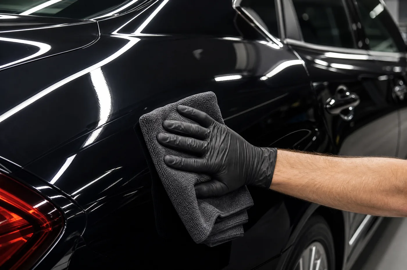 A gloved hand wiping a corrected black rear quarter panel with a gray microfiber, LED strips reflected in the paint
