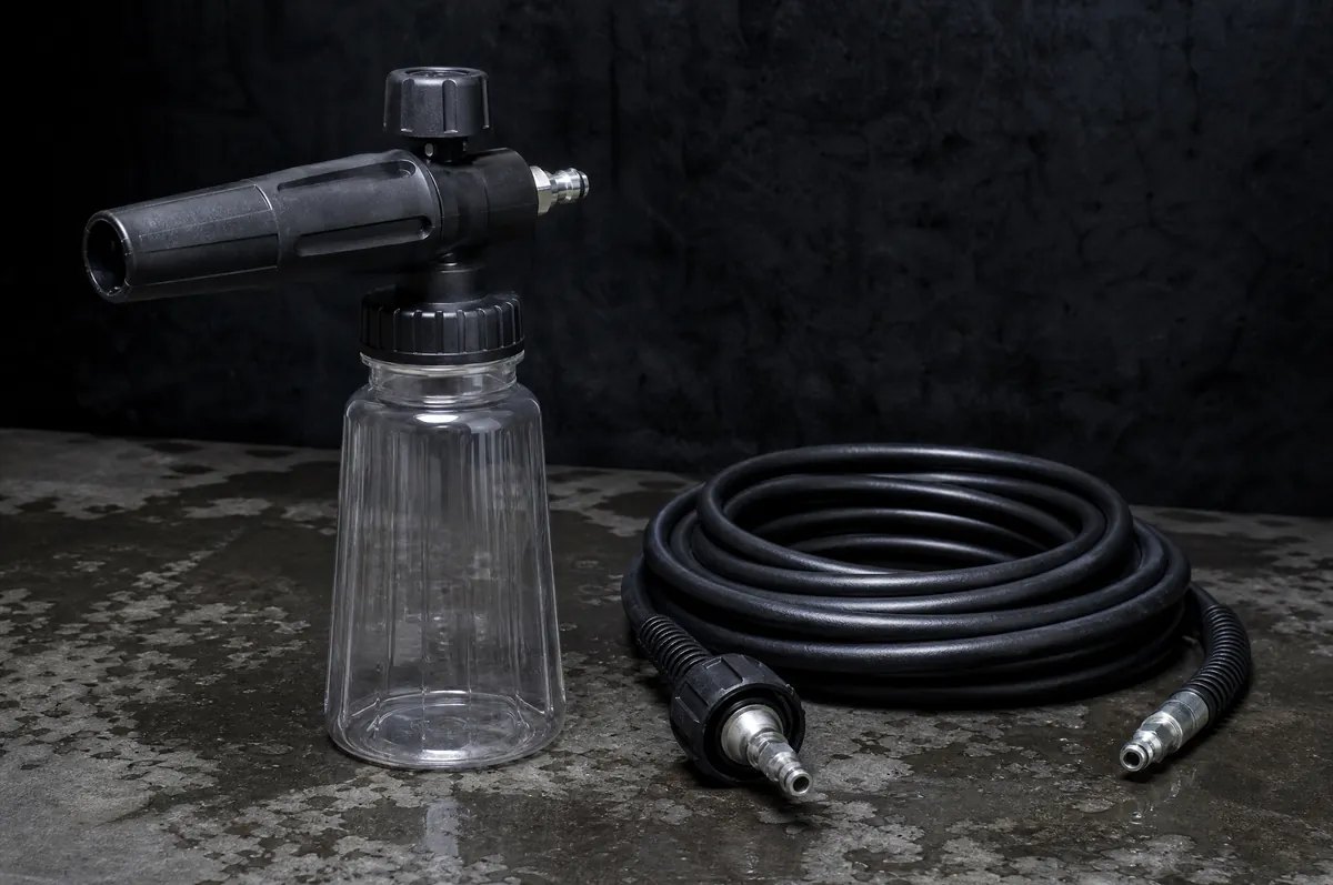 A foam cannon and a coiled pressure hose on a dark concrete floor
