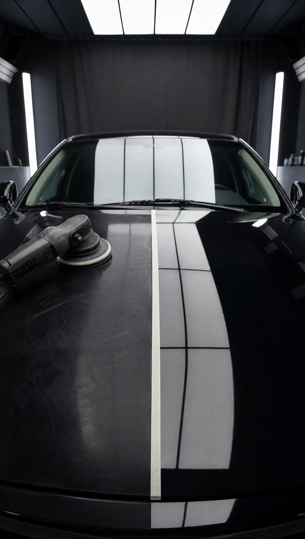 A polisher resting on a taped hood, swirls one side and a mirror the other