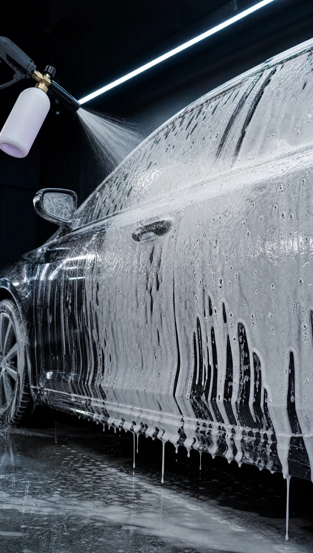 Snow foam sliding off a door in the wash bay