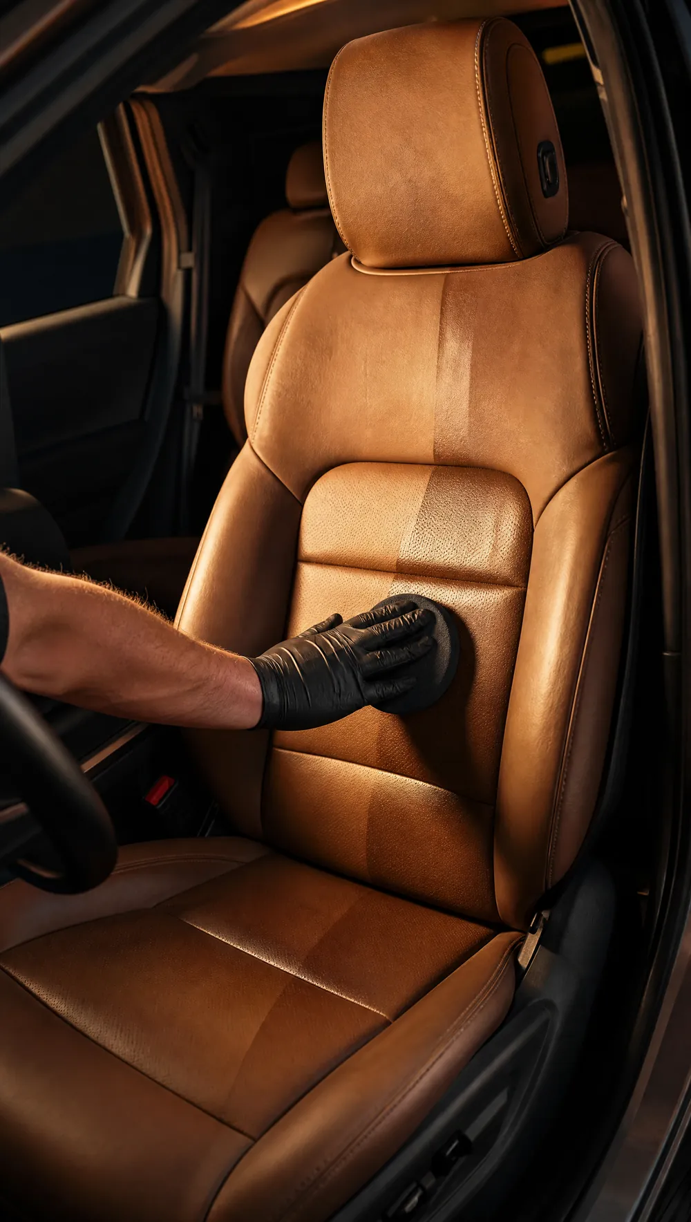 A tan leather seat after an interior detail