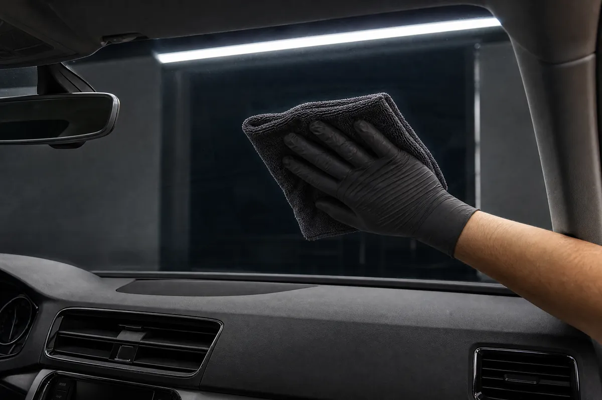 A gloved hand wiping the inside of a windshield with a microfiber