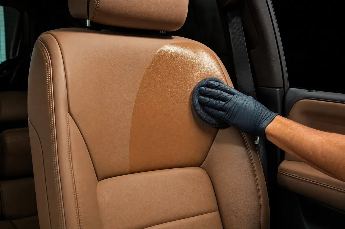 A gloved hand conditioning a tan leather seat