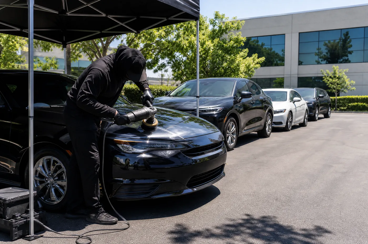 A detailer in a dark hoodie polishing a black sedan under a canopy in an office parking lot, a row of cars behind