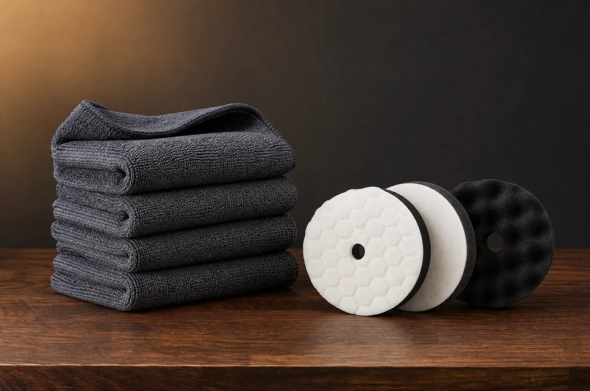 A stack of folded gray microfiber towels beside three foam polishing pads on a dark counter