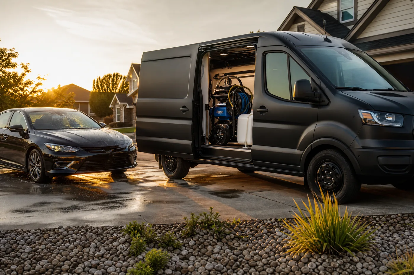An unmarked black detailing van with its side door open beside a freshly washed black sedan on a suburban driveway at golden hour