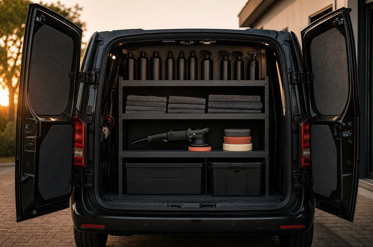 The rear doors of the black van open on shelves of bottles, pads, polishers and towels, the sun setting behind